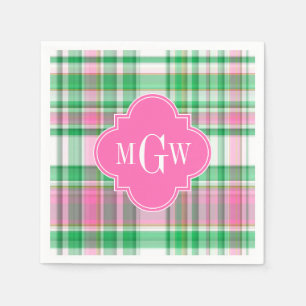 Emerald Green Hot Pink Wht Preppy Madras Monogram Paper Napkins