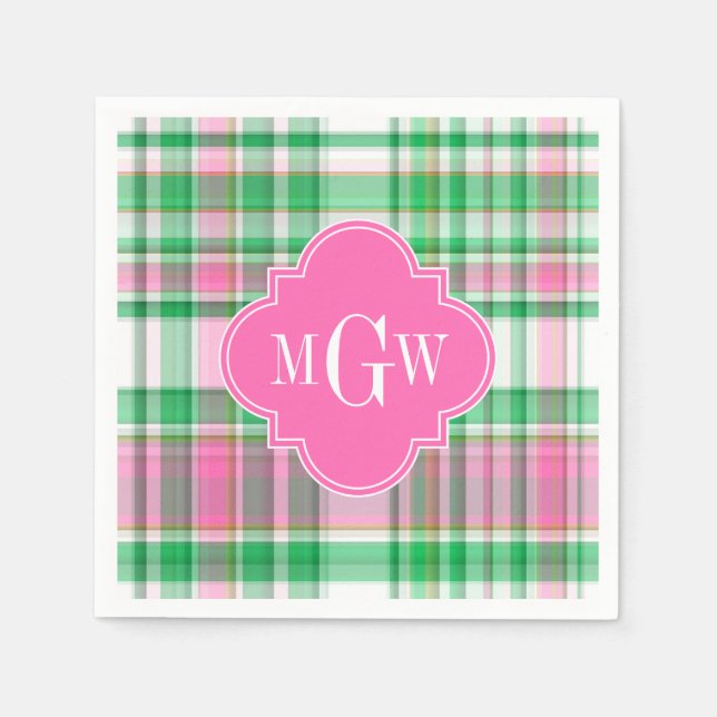 Emerald Green Hot Pink Wht Preppy Madras Monogram Paper Napkins (Front)