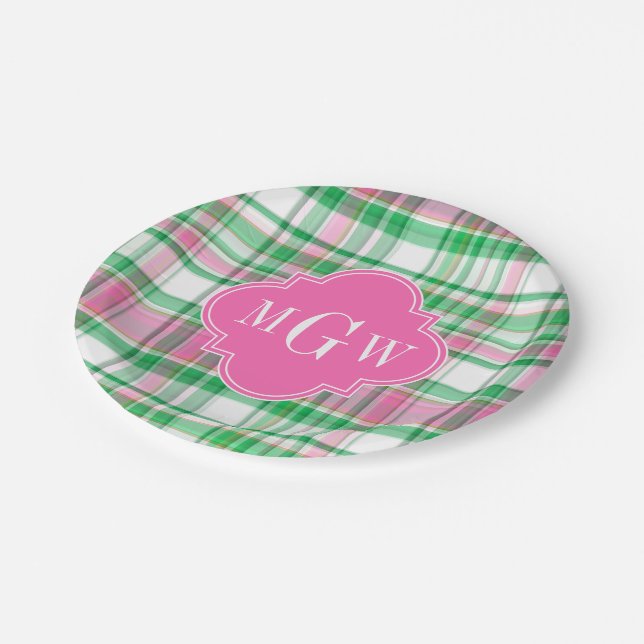 Emerald Green Hot Pink Wht Preppy Madras Monogram Paper Plates (Angled)