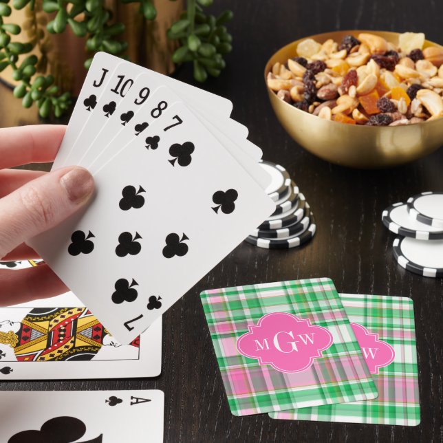 Emerald Green Hot Pink Wht Preppy Madras Monogram Poker Cards (In Situ)