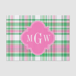 Emerald Green Hot Pink Wht Preppy Madras Monogram Tissue Paper