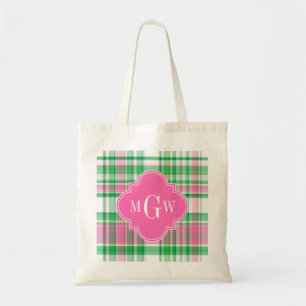 Emerald Green Hot Pink Wht Preppy Madras Monogram Tote Bag