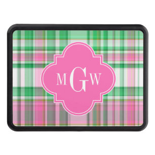 Emerald Green Hot Pink Wht Preppy Madras Monogram Tow Hitch Cover