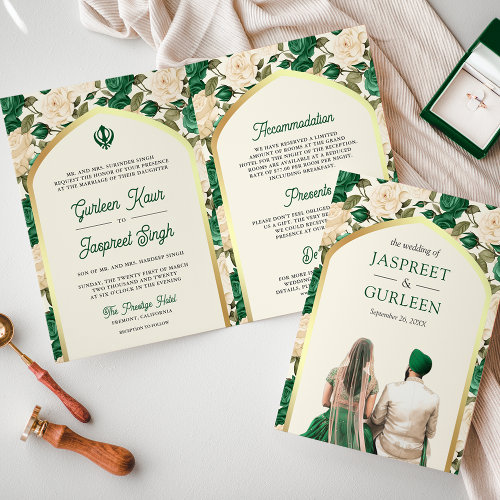 Emerald Green Ivory Floral All in One Sikh Wedding Invitation