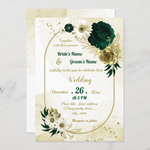 Emerald green ivory gold floral geometric wedding invitation