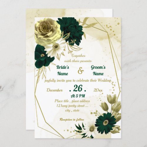 Emerald green ivory gold floral geometric wedding invitation