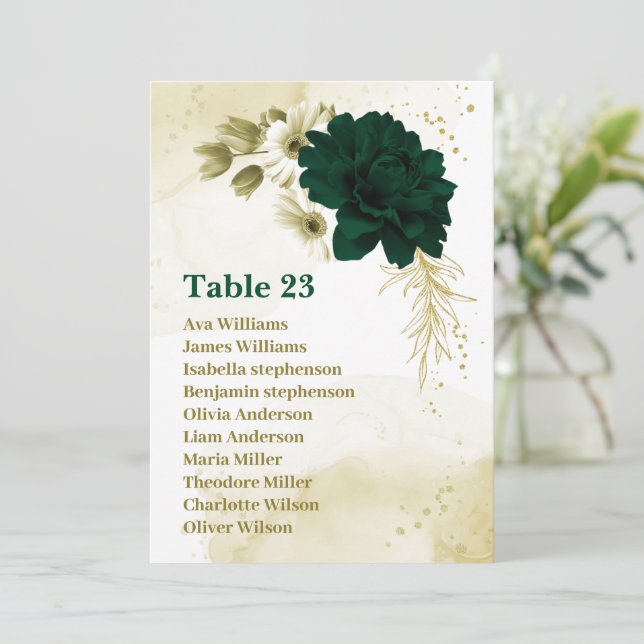 emerald green ivory gold floral seating chart card (Standing Front)
