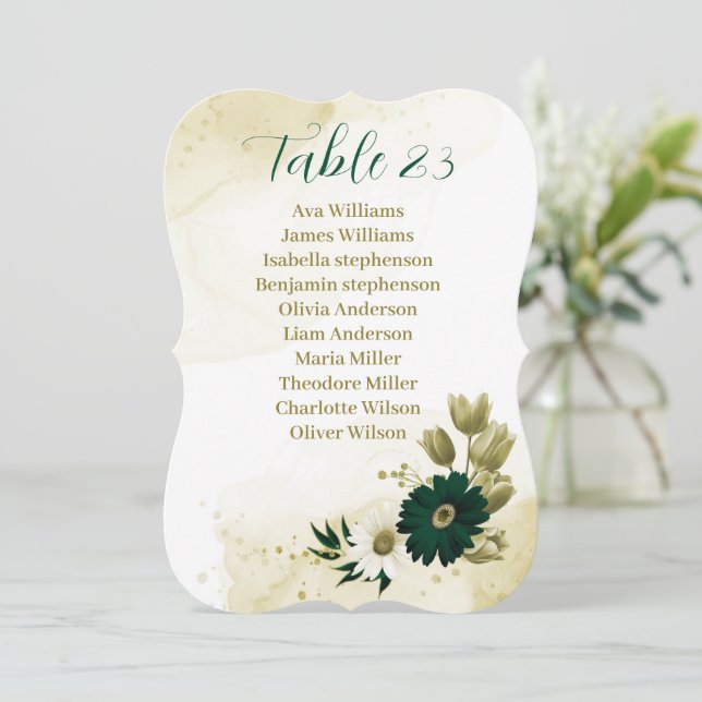emerald green ivory gold floral seating chart card (Standing Front)