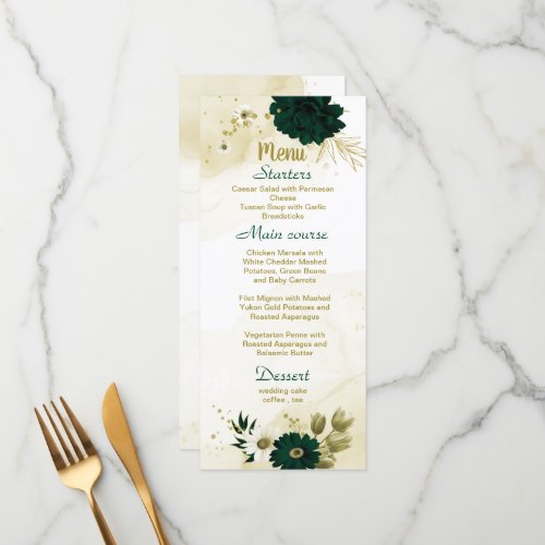 Emerald green ivory gold floral wedding menu