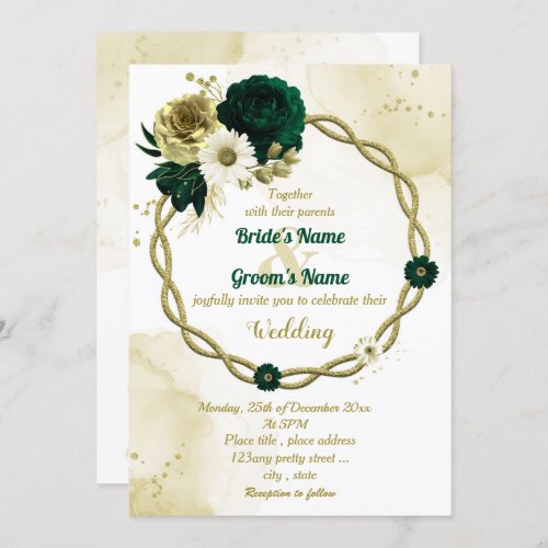 Emerald green ivory gold floral wreath wedding invitation