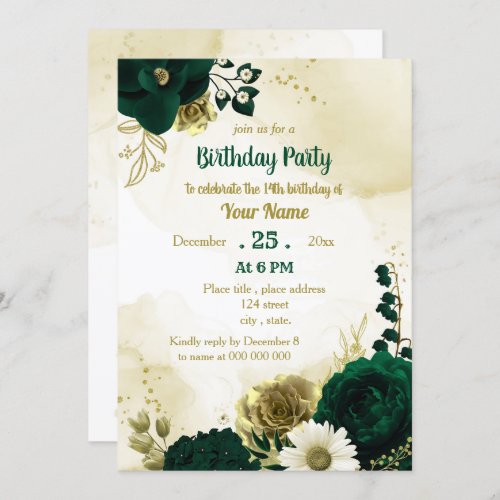 Emerald green ivory gold flowers birthday party invitation