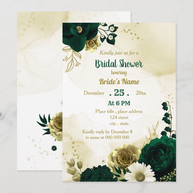 Emerald green ivory gold flowers bridal shower invitation (Front/Back)