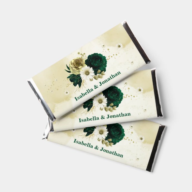 Emerald green ivory gold flowers  hershey bar favors (Front)