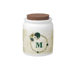 Emerald green ivory gold flowers monogram candy jar