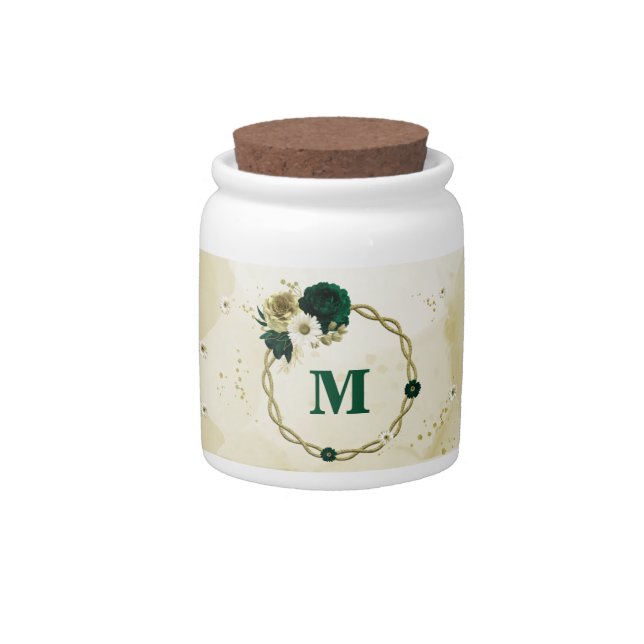 Emerald green ivory gold flowers monogram candy jar (Front)