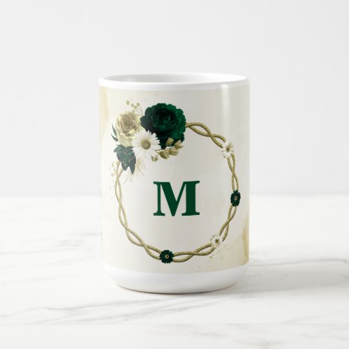 Emerald green ivory gold flowers monogram coffee mug