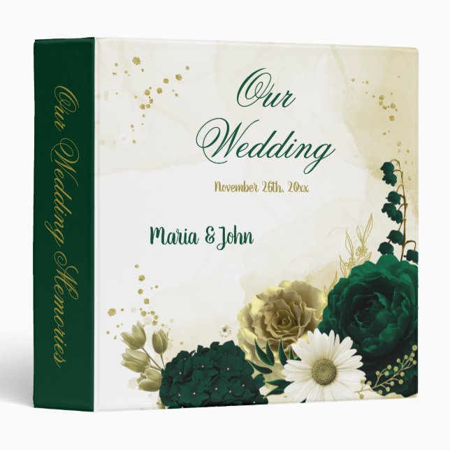 Emerald green ivory gold flowers photo album 3 ring binder (Front/Spine)