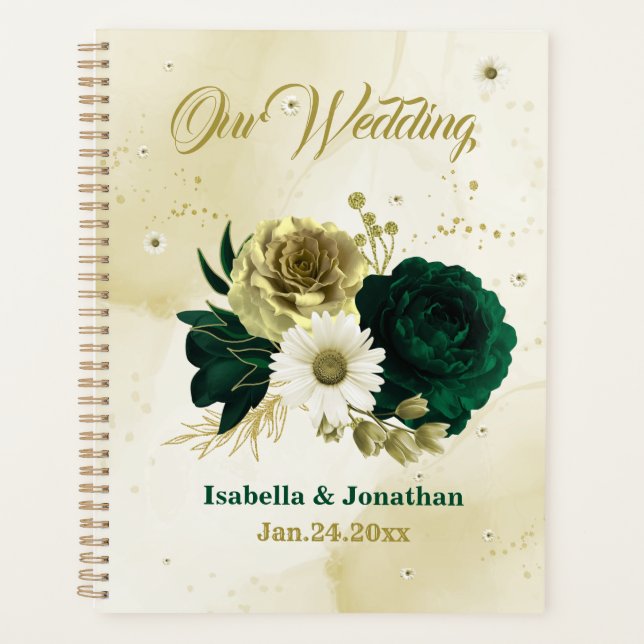 Emerald green ivory gold flowers wedding planner (Front)