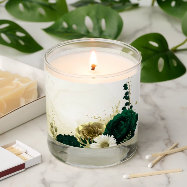 Emerald green ivory gold flowers wedding scented candle (Lit)