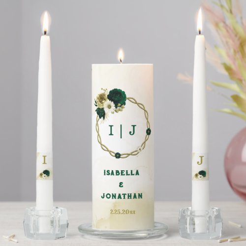 Emerald green ivory gold flowers wedding unity candle set