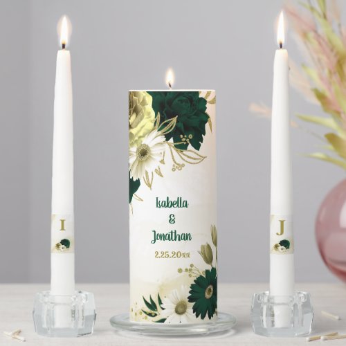 Emerald green ivory gold flowers wedding unity candle set