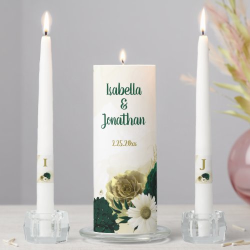 Emerald green ivory gold flowers wedding unity candle set