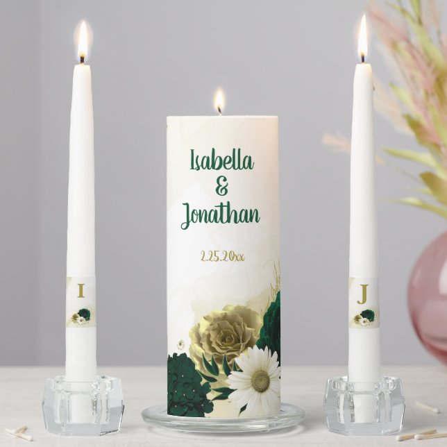 Emerald green ivory gold flowers wedding unity candle set (In Situ)