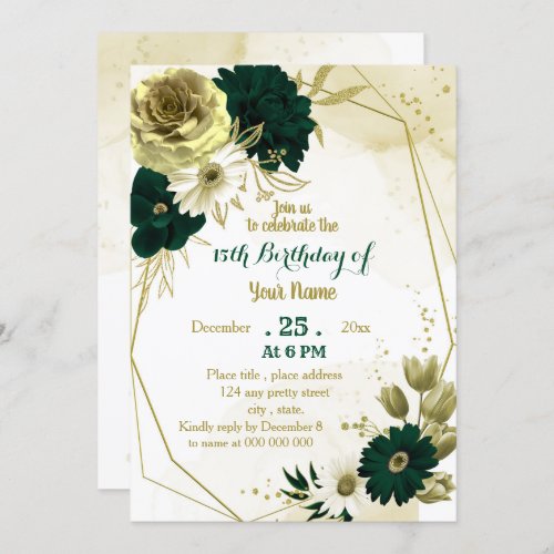 Emerald green ivory gold geometric birthday party invitation