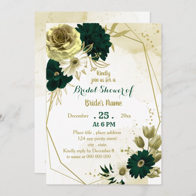 Emerald green ivory gold geometric bridal shower invitation (Front/Back)