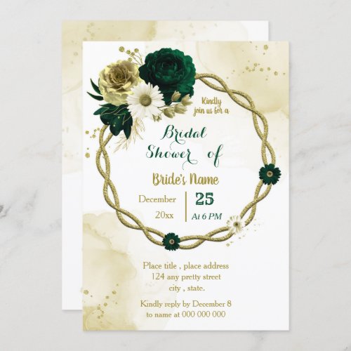 Emerald green ivory gold wreath bridal shower invitation