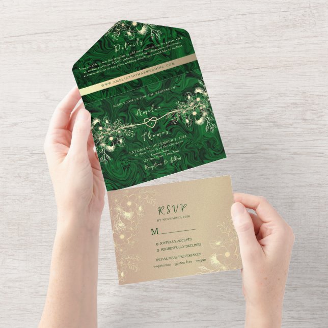 Emerald Green Jewel Tone Wedding All In One Invitation (Tearaway)