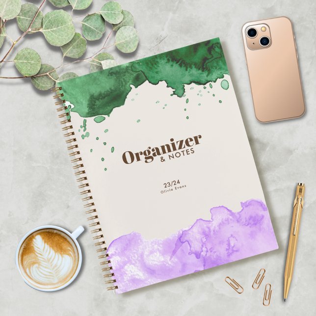 Emerald Green & Lavender Watercolor Personalize  Notebook (Super elegant Notebook for work or studies)