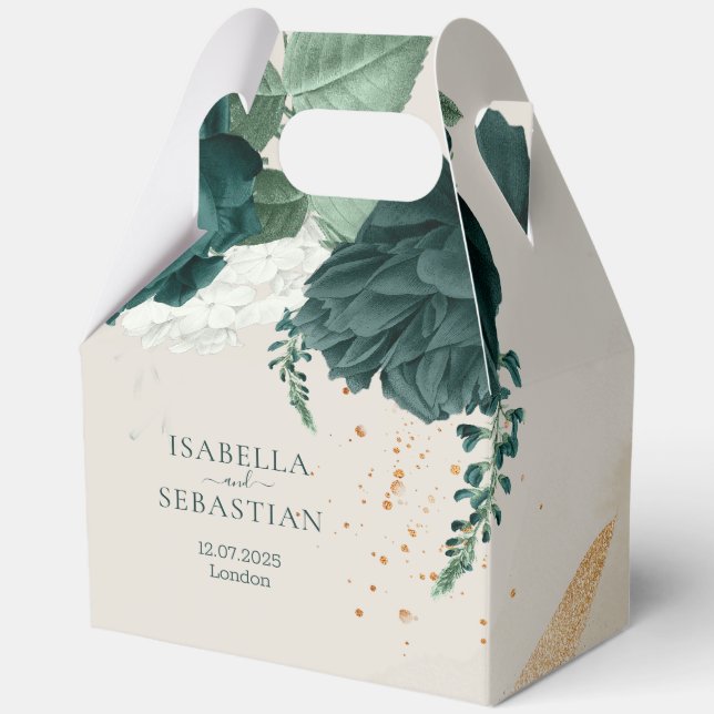 Emerald Green Leaf & Blush Rose Romantic Wedding Favor Boxes (Front)