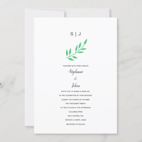 Emerald Green Leaf Grey Monogram Name Boho Wedding Invitation