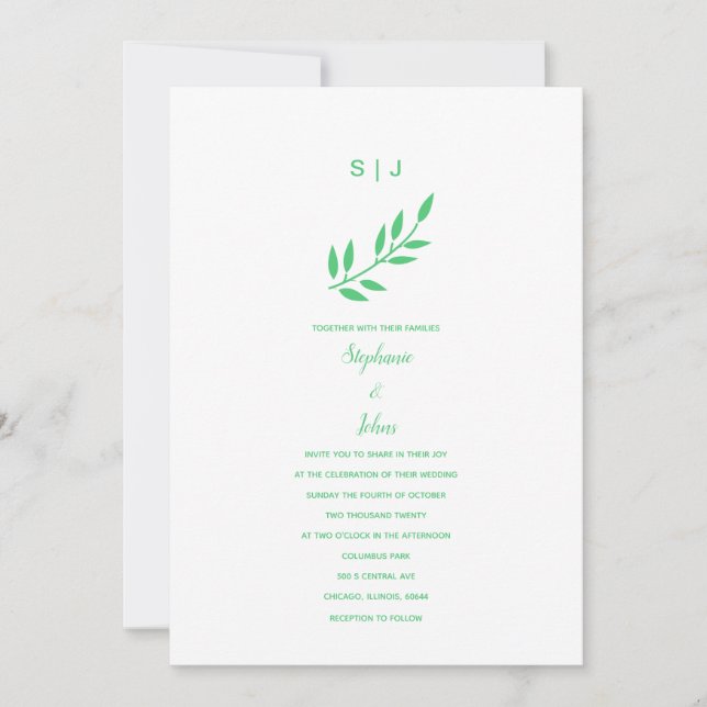 Emerald Green Leaf Monogram Name Boho Wedding 2024 Invitation (Front)