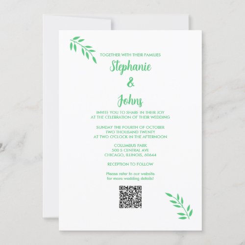 Emerald Green Leaf Script White QR Code Wedding Invitation