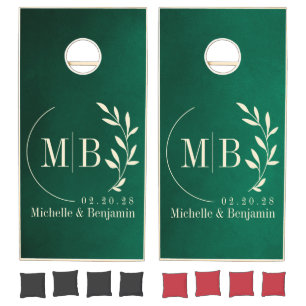 Emerald Green Leaf Wedding Monogram Cornhole Set