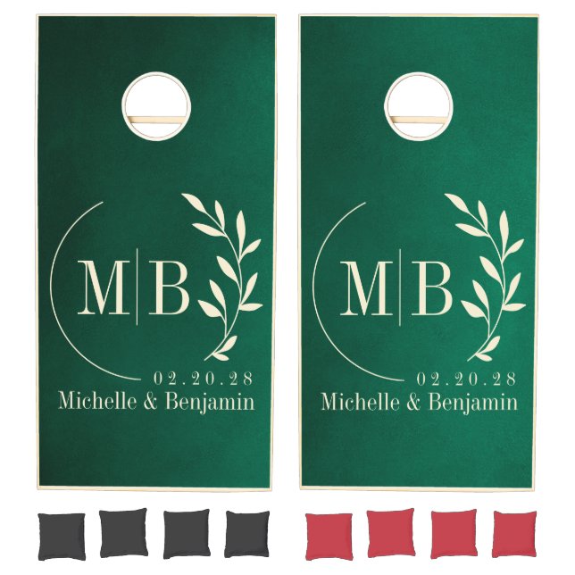 Emerald Green Leaf Wedding Monogram Cornhole Set (Set)