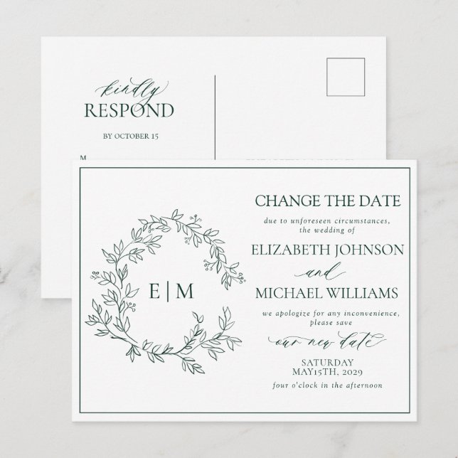 Emerald Green Leafy Crest Monogram Change The Date Invitation Postcard (Front/Back)