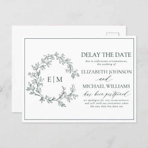 Emerald Green Leafy Crest Monogram Delay The Date Invitation Postcard