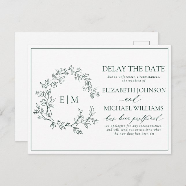 Emerald Green Leafy Crest Monogram Delay The Date Invitation Postcard (Front/Back)