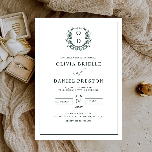 Emerald Green Leafy Crest Monogram Elegant Wedding Invitation (Creator Uploaded)