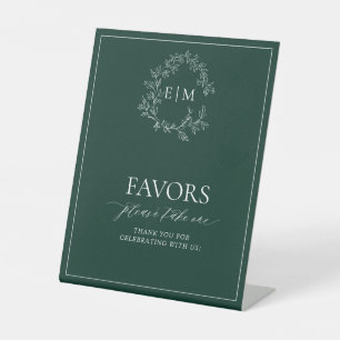 Emerald Green Leafy Crest Monogram Favors Pedestal Sign