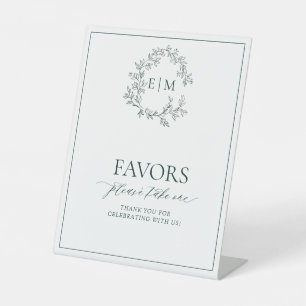 Emerald Green Leafy Crest Monogram Favors Pedestal Sign