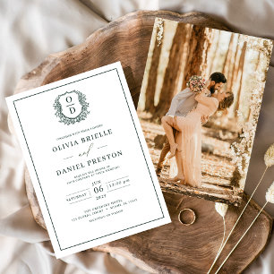 Emerald Green Leafy Crest Monogram Photo Wedding Invitation