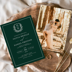 Emerald Green Leafy Crest Monogram Photo Wedding Invitation
