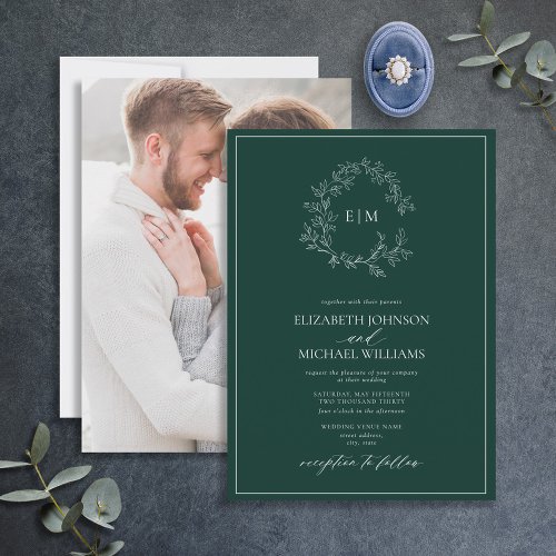 Emerald Green Leafy Crest Monogram Photo Wedding  Invitation