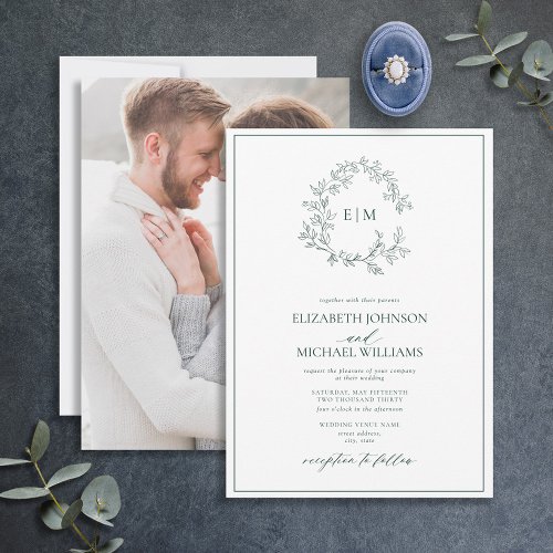 Emerald Green Leafy Crest Monogram Photo Wedding Invitation