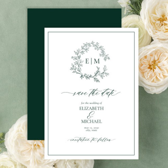 Emerald Green Leafy Crest Monogram Save the Date Invitation (Creator Uploaded)