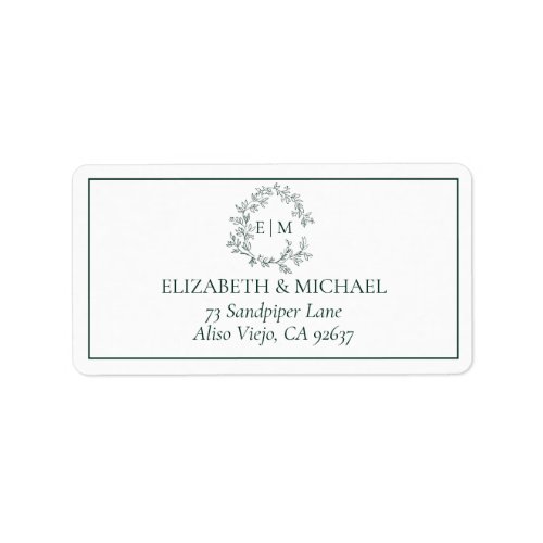 Emerald Green Leafy Crest Monogram Wedding Address Label